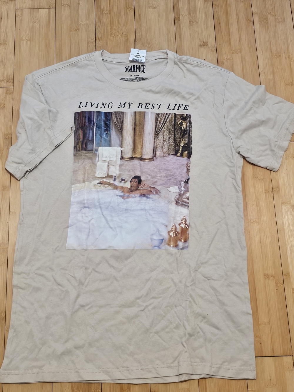"Living My Best Life" Beige Graphic Tee - Scarface/Pacino